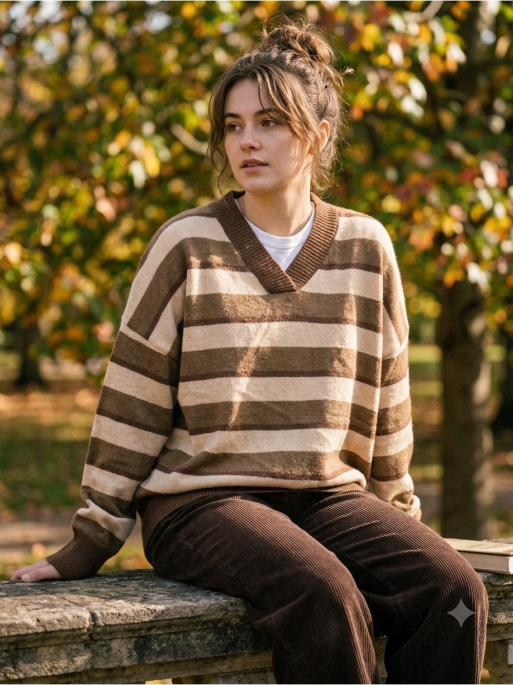 DAZY Striped V-Neck Sweater Size L Brown Beige Oversized Knit Pullover 90s Style